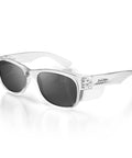 Top Shelf Clear Frame Polarized Safety Glasses Osha Approved Ansi Z87 Plus Certified Anti Scratch Polycarbonate Eye Shield Uv400 Sun Protection Fly Protective Eyewear Grind, clear frame with dark lenses.