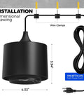 Dimensional drawing of 40 Watt Full Spectrum Hanging Plant Lights For Indoors With Adjustable Beam Angles and power cord.
