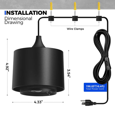 Dimensional drawing of 40 Watt Full Spectrum Hanging Plant Lights For Indoors With Adjustable Beam Angles and power cord.