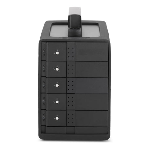 Heavy Duty Aluminum 5 Bay USB4 40Gbps External Drive Enclosure With Silicone Grip Sleeve front view with bay locks and handle.