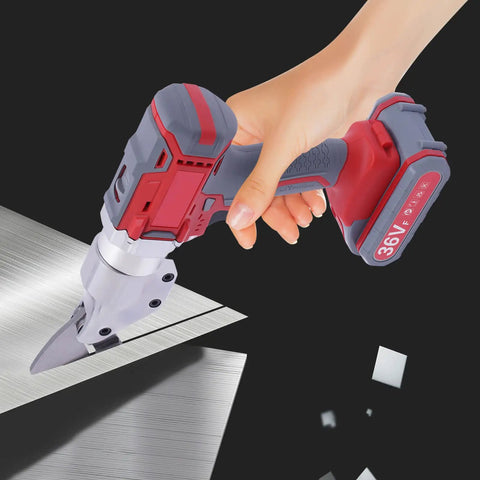 Professional 36V Electric Metal Shears with Swivel Head cutting through steel sheet, showcasing precision and cordless design.