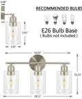 Three Light Bathroom Vanity Light In Brushed Nickel Finish With Clear Glass Shades Wall Mounted Over Mirror Hardwired Bath Light Fixtures Easy Up Or Down Installation Modern Contemporary Style dimensions and bulb details image