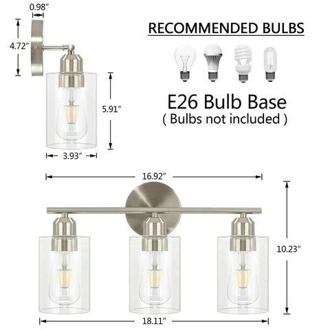 Three Light Bathroom Vanity Light In Brushed Nickel Finish With Clear Glass Shades Wall Mounted Over Mirror Hardwired Bath Light Fixtures Easy Up Or Down Installation Modern Contemporary Style dimensions and bulb details image
