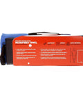 Rolled Go To Quick Dry Microfiber Towel For Travel Camping And Sports With packaging showing size and features, cobalt blue.