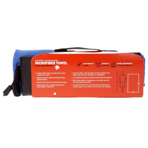 Rolled Go To Quick Dry Microfiber Towel For Travel Camping And Sports With packaging showing size and features, cobalt blue.