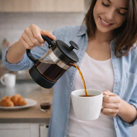 Woman pouring coffee from 12 Ounce Glass French Press Coffee And Tea Brewer For Single Cup Brews Easy To Use With Durable Heat Resistant Glass And Plastic Exterior Reusable Mesh Filter And Smooth Pour Spout Compact 7 Inch Tall into a white mug