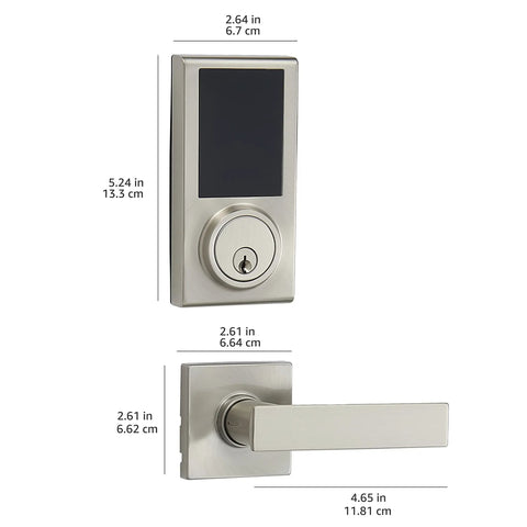 Electronic Touchscreen Deadbolt With Keypad Lock And Passage Lever Satin Nickel Finish Keyless Entry One Touch Lock ANSI Grade 3 Security 30 User Codes Easy Programming Fits Most Doors shown with measurements