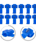 Get These 100 Blue Quick Splice Wire Connectors For Your Auto Electrical Setup. These T-Tap IDC Crimp Terminals Make AWG 14-16 Wire Splicing Easy Peasy Without Stripping Cables. Close-up blue plastic metal quick splice connectors, AWG 14-16