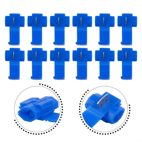 Get These 100 Blue Quick Splice Wire Connectors For Your Auto Electrical Setup. These T-Tap IDC Crimp Terminals Make AWG 14-16 Wire Splicing Easy Peasy Without Stripping Cables. Close-up blue plastic metal quick splice connectors, AWG 14-16