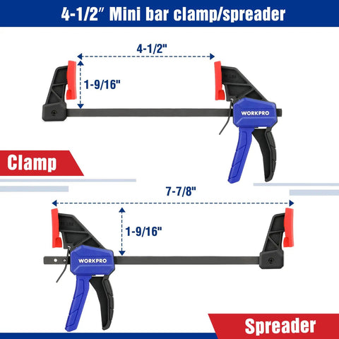 Go-To Mini Bar Clamp Set For Woodworking, Four-Piece One-Handed F Style Quick-Change Clamps, Two 4.5 Inch And Two 6 Inch Bar Clamps, Light-Duty With 150 Pound Load, Blue, Handy Spreaders For DIY Projects showing a single 4.5 inch clamp in closed and spreader position