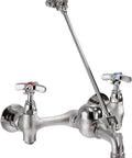 Rugged 8 Inch Center Wall Mount Service Sink Faucet With Two Handles, Low Arc, Brass Construction, Rough Chrome Finish, Side View