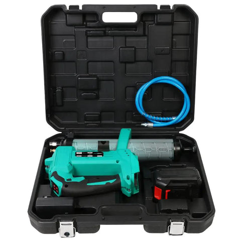 Cordless Grease Gun Kit with Variable Speed and 21V Max Liion Battery in black case with hose and charger