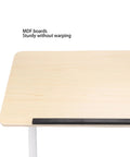 Close-up of mobile adjustable standing desk with scratch resistant white maple surface, sturdy MDF board, showcasing durability.