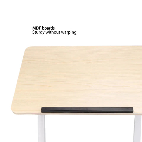 Close-up of mobile adjustable standing desk with scratch resistant white maple surface, sturdy MDF board, showcasing durability.
