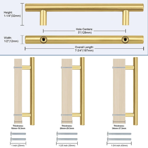 Diagram of 30 Pack 5 Inch Center To Center Gold Brass Cabinet Pulls For Kitchen Cabinets And Drawer Fronts with size details