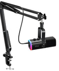 Dynamic USB and XLR Gaming Microphone for Streaming and Podcasting with Boom Arm, Mute Button, Headphone Jack, and All in One Mic Kit for PC Recording AM8T displayed with boom arm extended to the side.