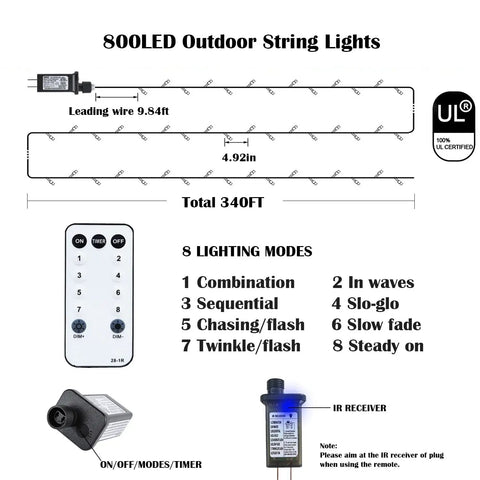 Massive 800LED Multicolor Christmas String Lights 330ft Plus 10ft Lead 8 Modes Timer Waterproof For Indoor Outdoor Decor Perfect For Garden Yard Tree Wedding And Holiday Parties