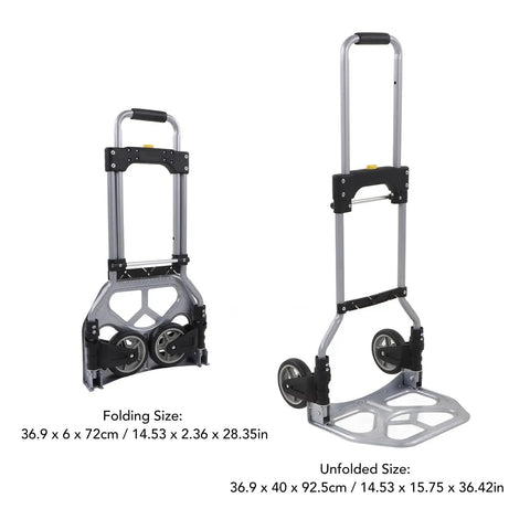 Badass Heavy Duty Foldable Hand Truck With Two Wheel Mobile Platform And Roll Smooth As Butter Silent Casters 154 Lb Capacity shown in folded and unfolded sizes.