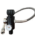 Black M18x1.5 paintball fill valve with pressure gauge and 20-inch coiled hose