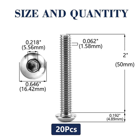 20 Pack 3/8-16 X 2 Button Head Socket Cap Bolts From Top Shelf 304 Stainless Steel 18-8 Grade size dimensions and quantity illustration