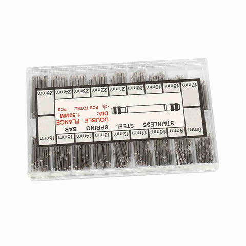 Watch Band Pin Kit 360 Pieces 8 To 25mm Spring Bar Set in a clear box showing organized stainless steel bars.