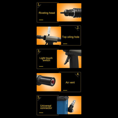 Pro Grade Heavy Duty Pneumatic Riveter Kit With Air Hydraulic Rivet Nut Tool For M3 To M8 Fasteners showing components like riveting head and universal connector.