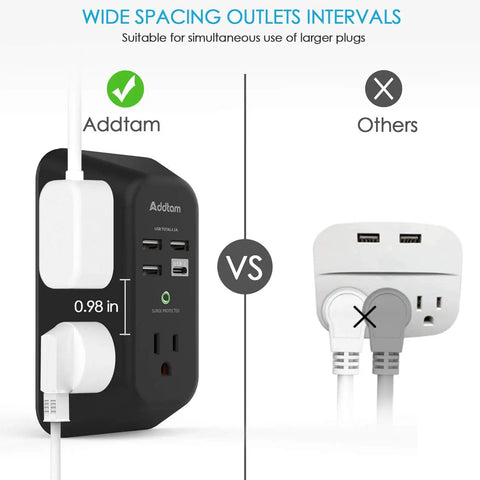 USB Wall Outlet With Surge Protector 5 Outlets And 4 USB Ports Including USB C 1800 Joules 3 Sided Widely Spaced Power Strip Plug And Play Access Black For Home Or Office Desk Or Travel Use