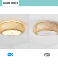 Handwoven Bamboo Drum Flush Mount Ceiling Light With Rattan Shade 3 Light Boho Fixture on and off view in a room.