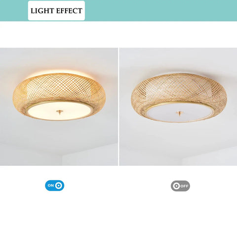 Handwoven Bamboo Drum Flush Mount Ceiling Light With Rattan Shade 3 Light Boho Fixture on and off view in a room.
