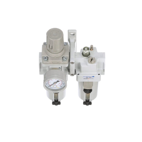 All In One Compressed Air Filter Regulator Lubricator Piggyback Combo One Half Inch NPT With Metal Bowl Sight Glass Manual Drain
