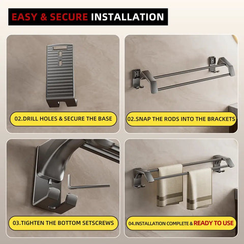 Step-by-step installation of 27.5 Inch Double Towel Bar For Bathroom Wall Mount With Four Fixed Hooks Rustproof Stainless Steel