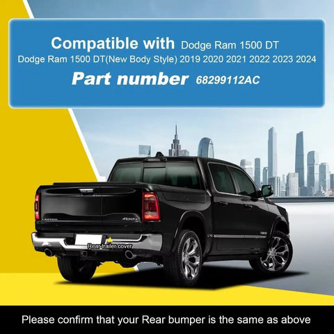 Rear view of Dodge Ram 1500 DT with Rear Tow Hook Cover 68299112AC, compatible 2019-2024, featuring city skyline.