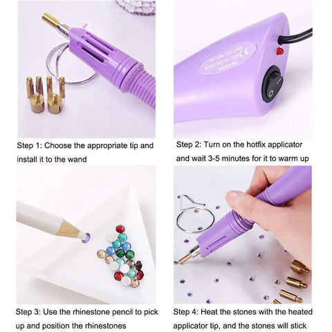 Bedazzler Kit With Rhinestones And Hot Fix Gems Craft Applicator using steps and tools including pen, tips, pencil, and wand.