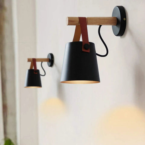 Plug In Wall Sconce Set Of Two For Bedroom Lighting With On Off Switch Black Wall Lamps With Wooden Arm Bedside Vanity Lights Ideal For Living Room Hallway Cozy Home Vibe, close side view of wall-mounted sconces with black lamp and wooden arm