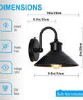 Gooseneck Barn Light With Dusk To Dawn Sensor, dimensions and features displayed, Wall Mount Outdoor Porch Light In Classic Black For Garden And Patio