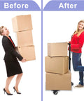 Front view of Amazon folding hand truck with four swivel wheels, loaded with three cardboard boxes.