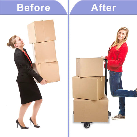 Front view of Amazon folding hand truck with four swivel wheels, loaded with three cardboard boxes.