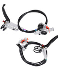Upgrade Your Ride With This Badass Dual Piston Mechanical Disc Brake Set For Mountain And Road Bikes Cable Actuated Aluminum Alloy Calipers Front Rear Kit With Epic Grip Control Silver - close-up view of dual piston calipers and levers.