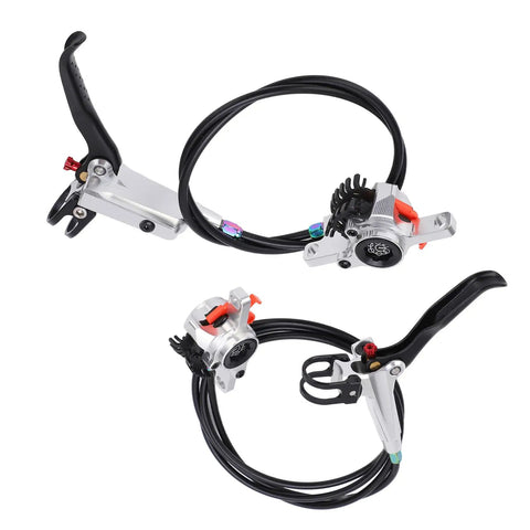 Upgrade Your Ride With This Badass Dual Piston Mechanical Disc Brake Set For Mountain And Road Bikes Cable Actuated Aluminum Alloy Calipers Front Rear Kit With Epic Grip Control Silver - close-up view of dual piston calipers and levers.