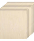 Front view of 16 unfinished natural basswood plywood squares, 12x12 in, 1/5 in thick, fanned stack for crafts