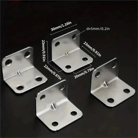 Heavy Duty L Shaped Shelf Brackets With Screws, Rust Proof Corner Braces, Solid Angle Iron Mounts For Cabinets Tables, Smooth Burr Free Edge, No Sweat Assembly For Your Garage Or Workshop, 100 Pack with measurements.