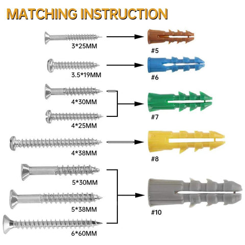 Image showing size matching of screws to anchors in Drywall Anchors And Screws Assortment Kit, 370 Piece Set With Plastic Organizer Case.