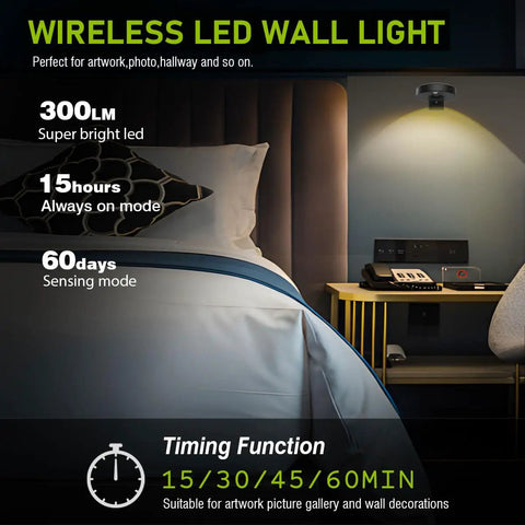 Bedroom setting with a Three Pack LED Picture Lights For Wall With Rechargeable Battery illuminating a bed and nightstand