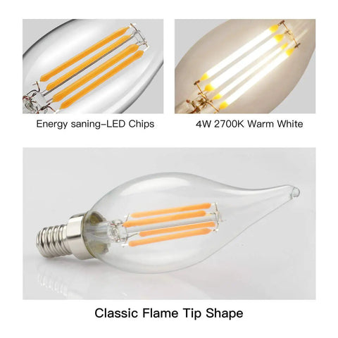 Classic flame tip shape of Warm White Flame Tip Chandelier LED Bulbs 4W E12 Base 40W Equivalent 400 Lumens Not Dimmable
