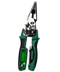 All In One Electrician Pliers With Digital Display And Voltage Tester, Wire Stripper Cutter Crimper Screwdriver, Multi Function Electrical Tool For Home Auto And Workshop Use Green, shown front view