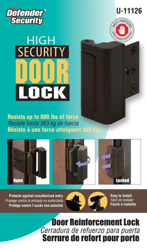 Packaging for Door Reinforcement Lock For Inswing Doors, Extra Security Against Kick Ins, Bronze Finish Aluminum Construction.