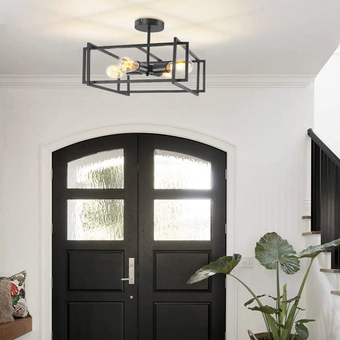 Four Light Black Semi Flush Mount Ceiling Light Fixture With Industrial Farmhouse Style in modern entryway.