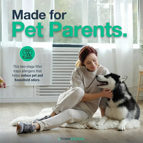 Woman sitting on floor with husky dog, text 'Made for Pet Parents' promoting pet odor reducing filter by Think Crucial.