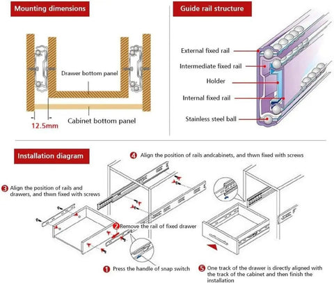 Diagram of Two Pack 5 Inch Black Steel Side Mount Ball Bearing Soft Close Drawer Slides with full extension installation instructions.