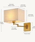 Modern Rectangular Fabric Wall Sconce,Swing Arm Wall Lamp,3 Color Lighting with dimensions and gold accents.